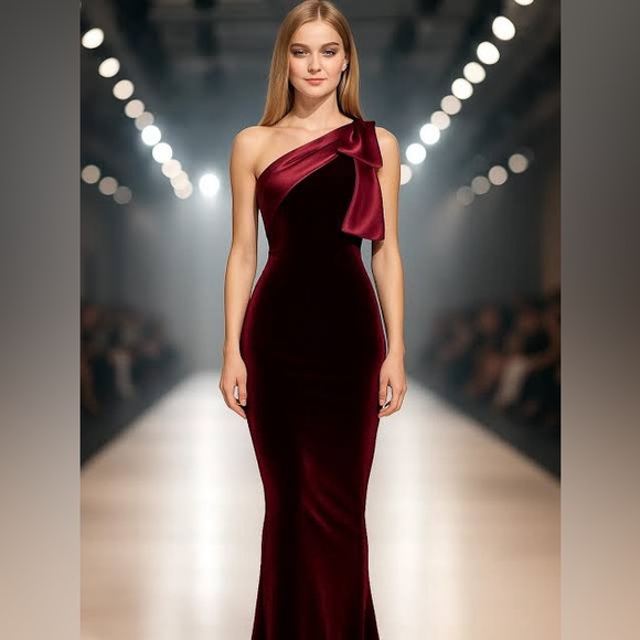 Red carpet ready! Betsy & Adam one shoulder bow velvet gown size 12 - Picture 3 of 8